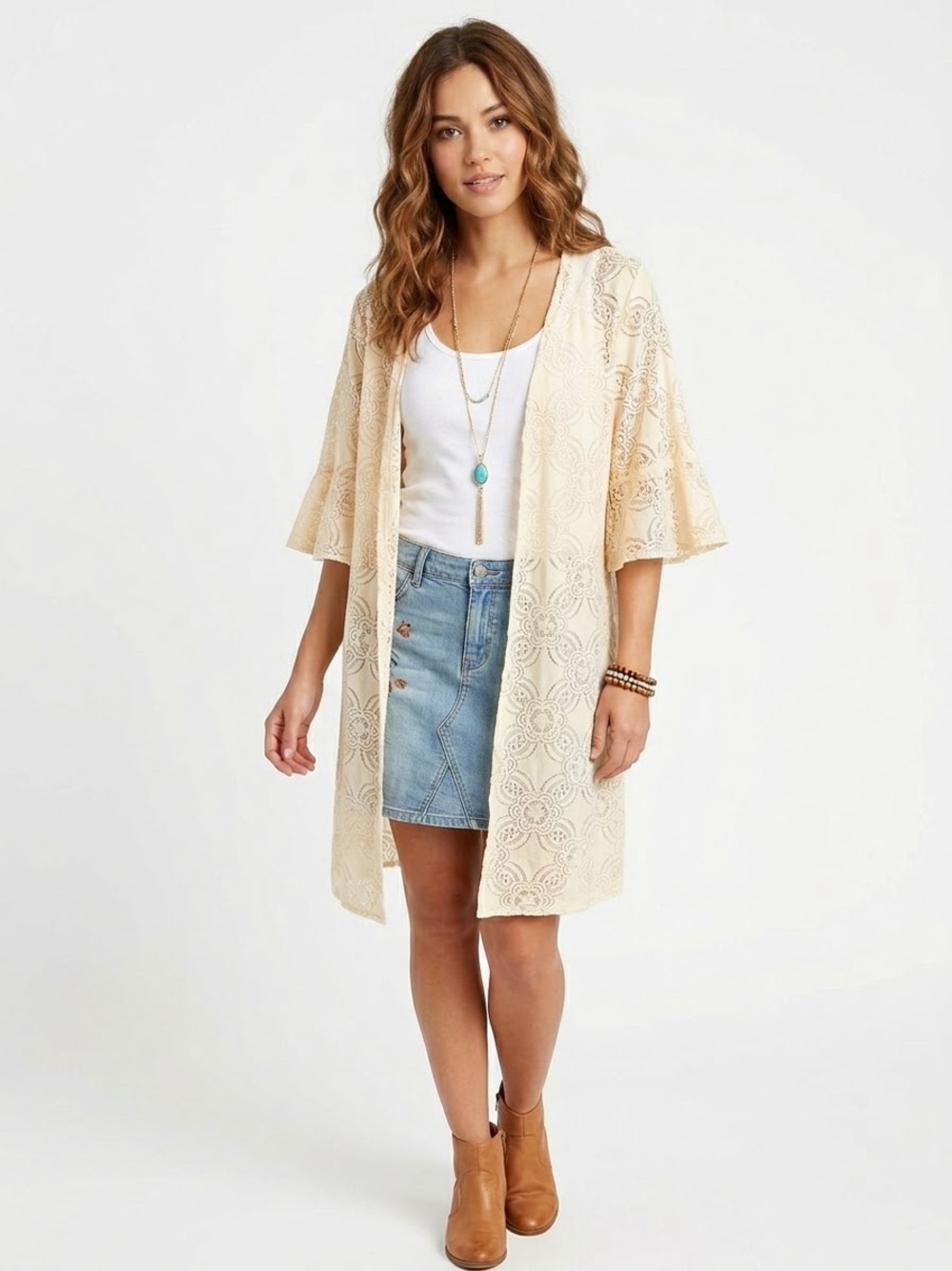 Stitchwürks $48 P2P 21-24” L36” Floral Lace Open Front Kimono Duster Cream Boho